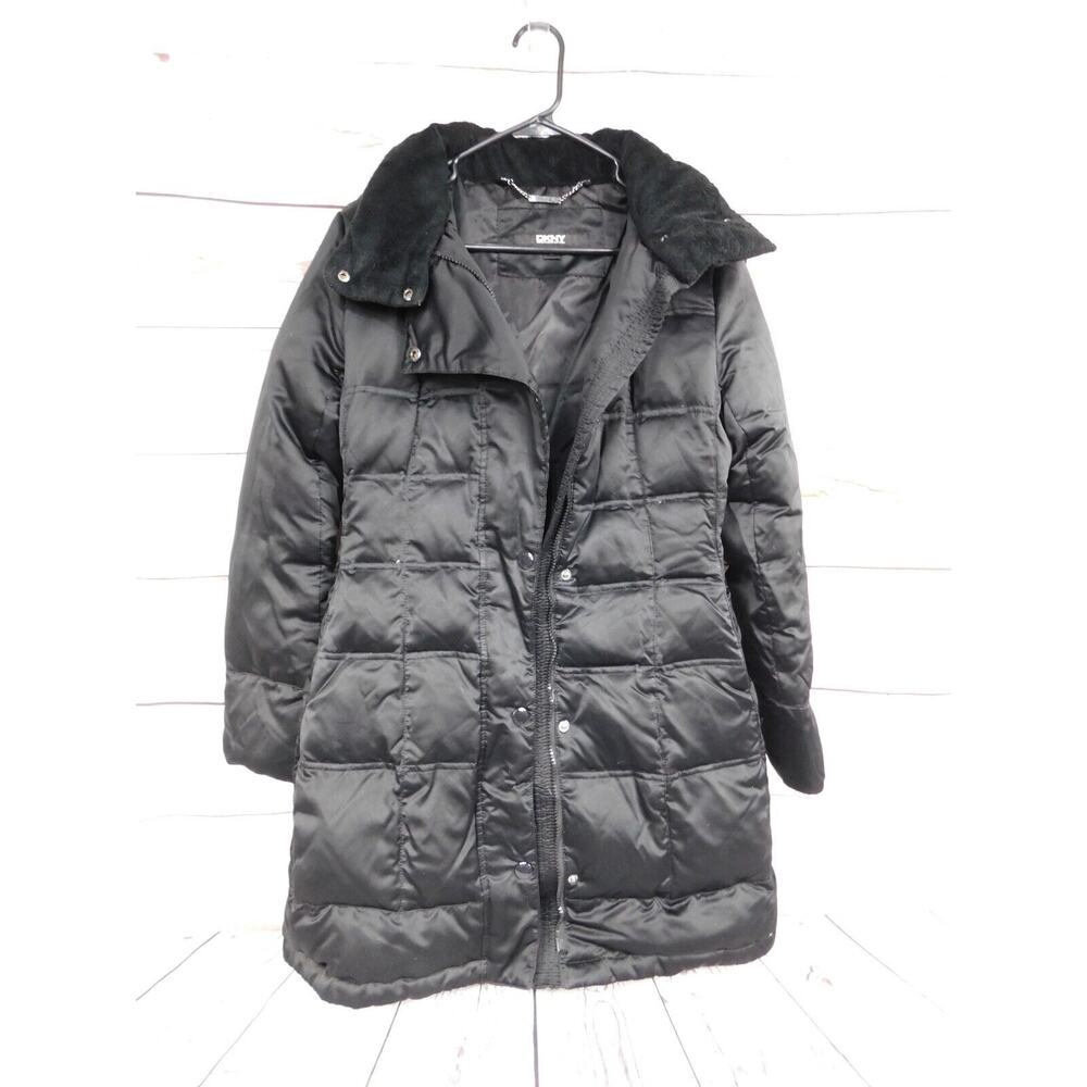 DKNY Women’s Jacket Down Filled Hood Long Black Size Medium Button Zip